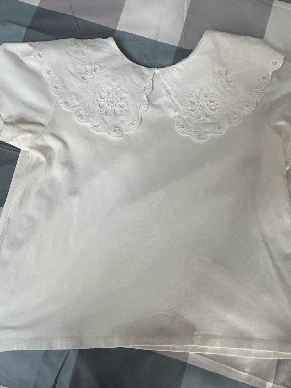 Zara White Embroidered Scalloped Collar Short Sleeve Top